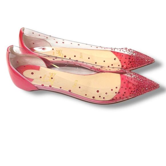 Christian Louboutin Degrastrass Hot Pink PVC Crystal Pointed Toe Flats Size 37.5 - Picture 2 of 7